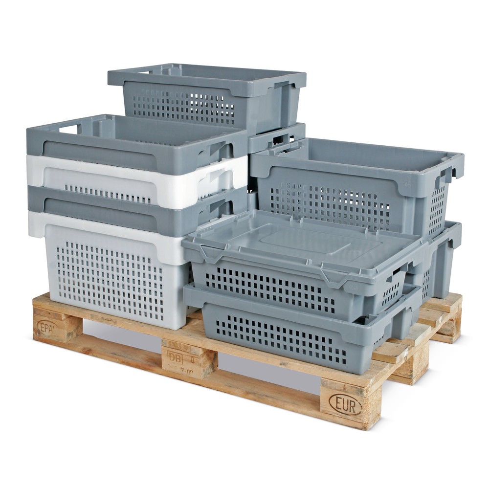 Illustration du produit: Bacs emboîtables et empilables, parois + fond perforés, 32 litres, blanc