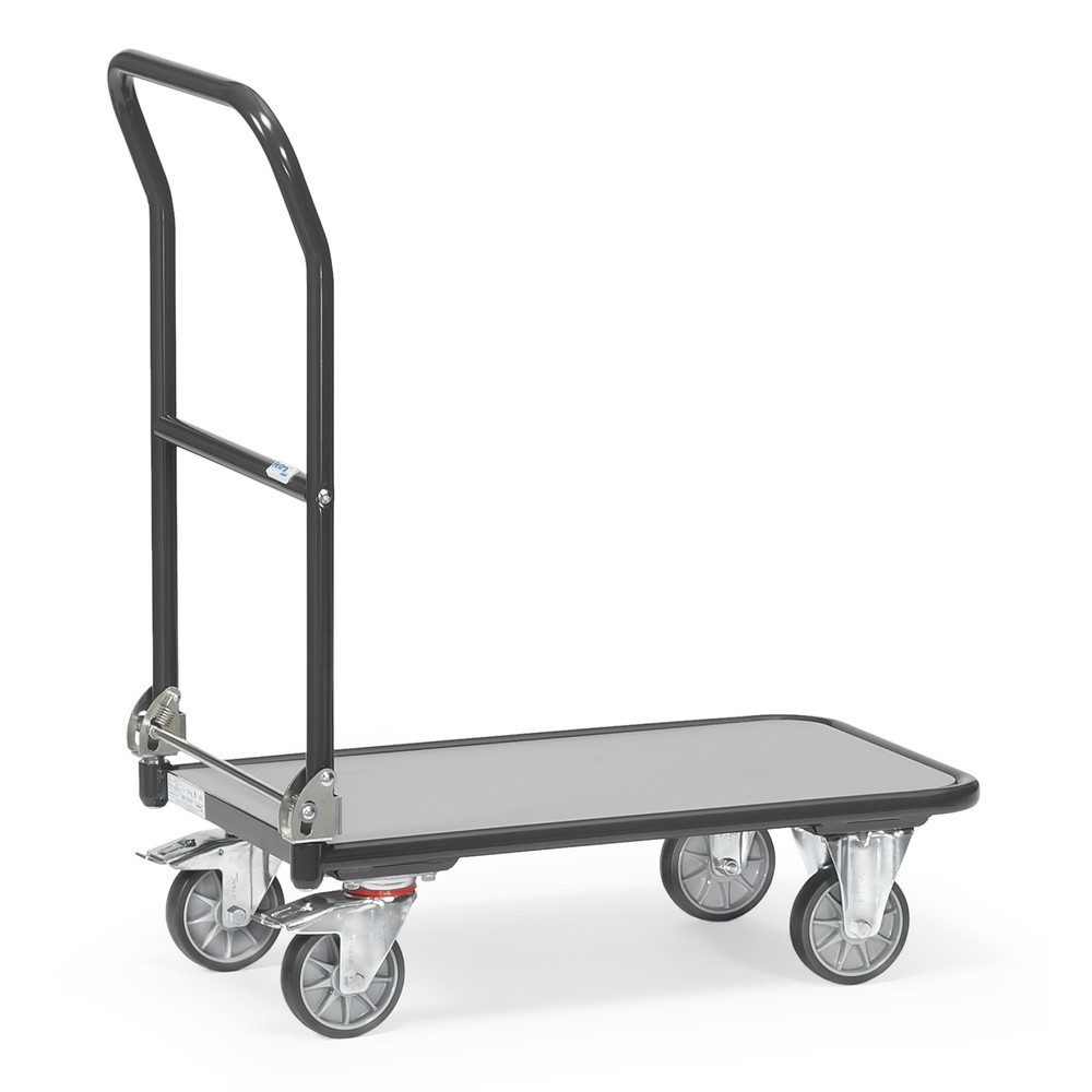 Illustration du produit: fetra® Chariot à plate-forme avec surface de chargement en bois, arceau rabattable, lxP 450 x 720 mm, capacité de charge 250 kg, gris anthracite