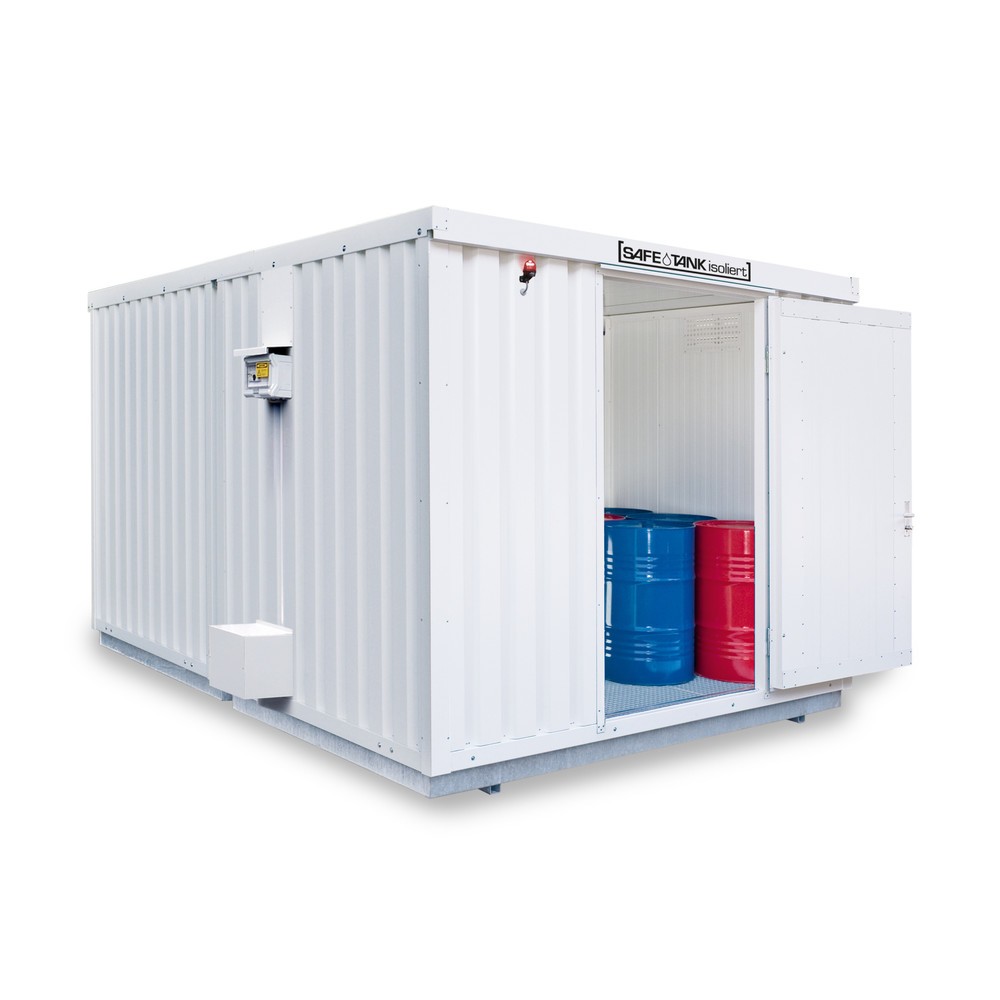 Illustration du produit: Combinaison de conteneurs pour substances dangereuses SAFE Tank 2000 ALG, isolés, prémontés, revêtement plastique RAL 9002, dimensions extérieures 3 350x4 340x2 560 mm, porte à doubles battants (division asymétrique), au centre du côté avant,