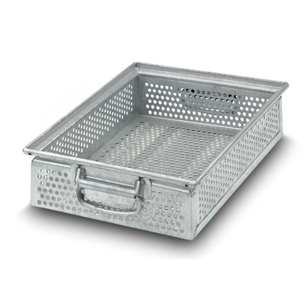 Stapelbakken van plaatstaal, met kleine perforaties